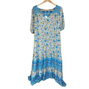 Rustydustty Boho Floral Maxi Dress NWT Tiered Puff Sleeve Blue Print 2XL belted